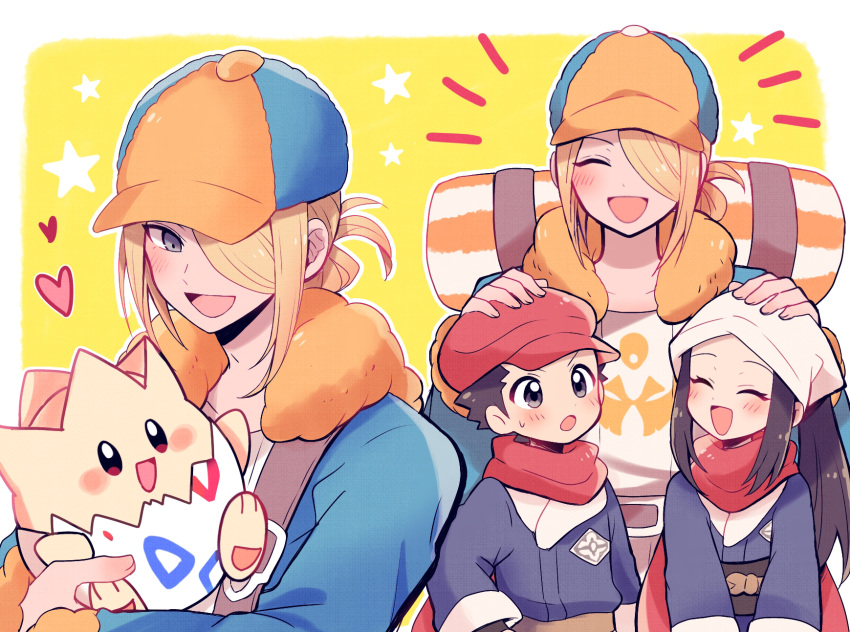 1girl 2boys :d akari_(pokemon) belt blonde_hair blush brown_belt closed_eyes commentary_request eyelashes grey_eyes grey_jacket hat head_scarf heart highres holding holding_pokemon jacket long_hair multiple_boys open_mouth orange_headwear pokemon pokemon_(creature) pokemon_(game) pokemon_legends:_arceus ponytail red_headwear red_scarf rei_(pokemon) scarf sidelocks smile star_(symbol) togepi tongue volo_(pokemon) white_headwear yataba