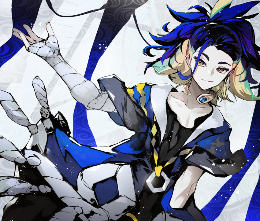 1boy adaman_(pokemon) arm_wrap bangs blue_coat blue_hair brown_eyes closed_mouth coat collar collarbone commentary_request earrings eyebrow_cut green_hair highres jewelry kusakanmuri male_focus medium_hair outstretched_arm pokemon pokemon_(game) pokemon_legends:_arceus smile solo