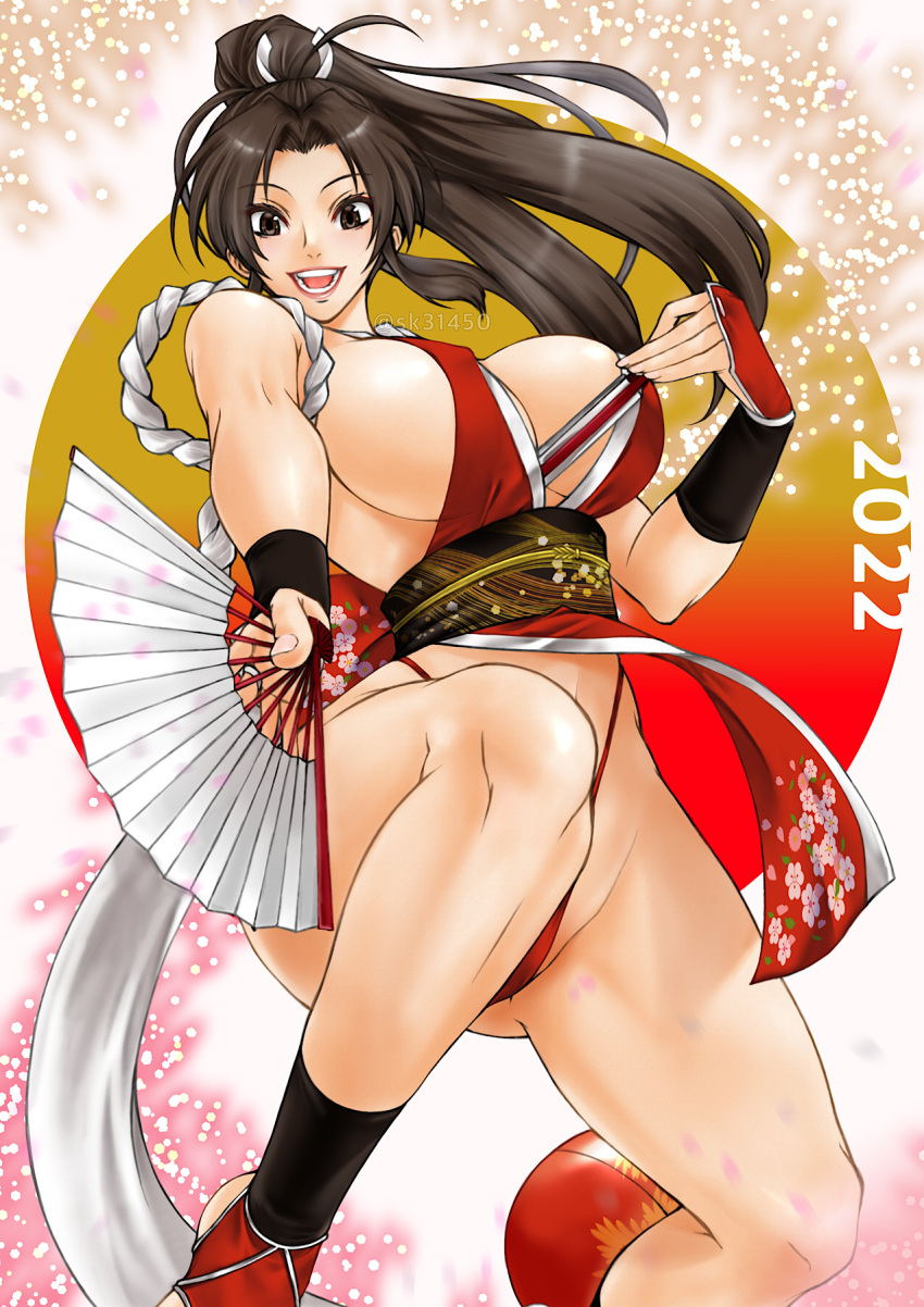 1girl arm_guards bare_shoulders breast_curtains breasts closed_fan fatal_fury folding_fan hand_fan high_ponytail highres holding holding_fan large_breasts looking_at_viewer ninja panties pelvic_curtain ponytail revealing_clothes rope shiranui_mai sideboob sk_(sk-g) snk solo the_king_of_fighters the_king_of_fighters_xv thighs underboob underwear