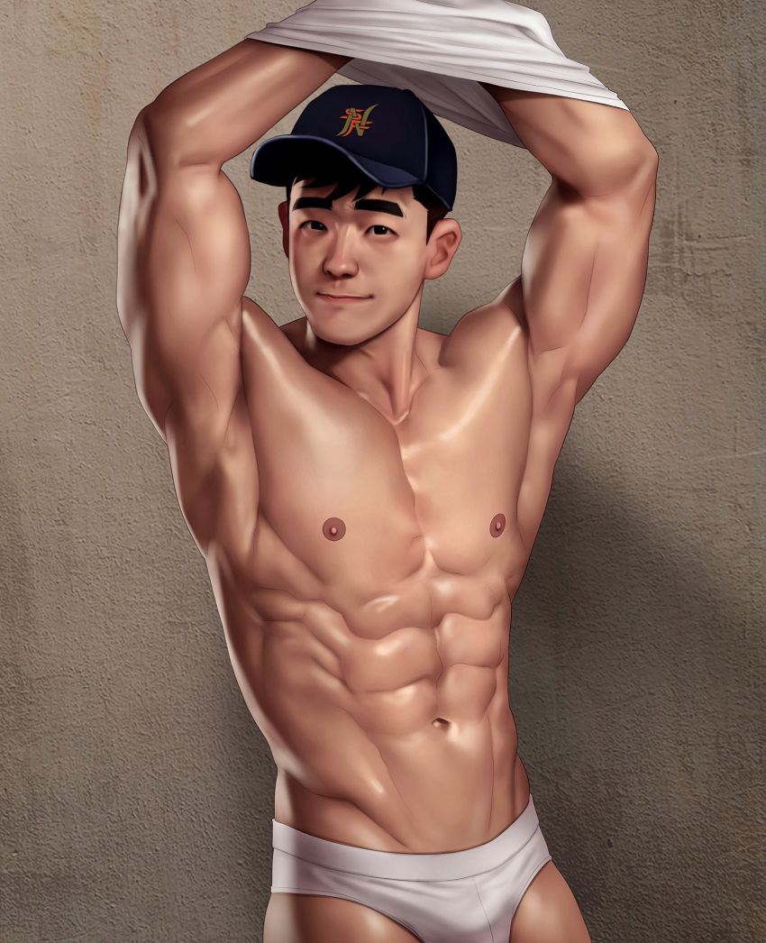 1boy abs bara baseball_cap big_hero_6 black_hair briefs closed_mouth hat highres large_pectorals looking_at_viewer male_focus male_underwear muscular muscular_male navel nerdyart1 nipples pectorals shirt shirt_removed short_hair smile solo tadashi_hamada underwear undressing white_male_underwear white_shirt