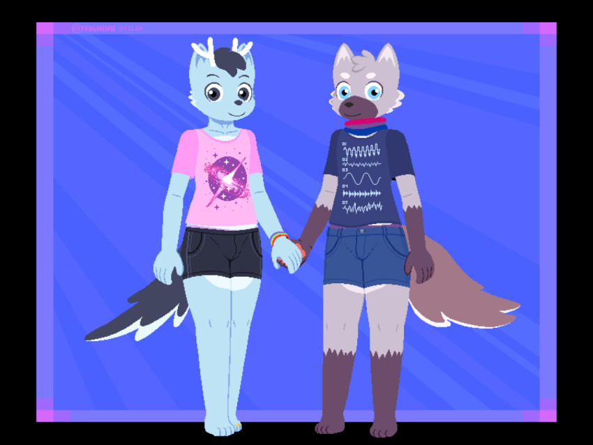 2020 bisexual_pride_colors black_eyes black_hair black_tail blue_body blue_eyes blue_fur bottomwear bracelet brown_body brown_fur canid canine canis cervid clothed clothing cutoffs daesung denim denim_clothing digit_ring digital_drawing_(artwork) digital_media_(artwork) duo frigadae fur grey_body grey_fur hair hand_holding hybrid jewelry lgbt_pride looking_at_viewer male mammal maned_wolf multicolored_body multicolored_fur neckwear pawpads pixel_(artwork) pride_color_clothing pride_colors ring shirt shorts standing t-shirt toe_ring topwear two_tone_body two_tone_fur wolf