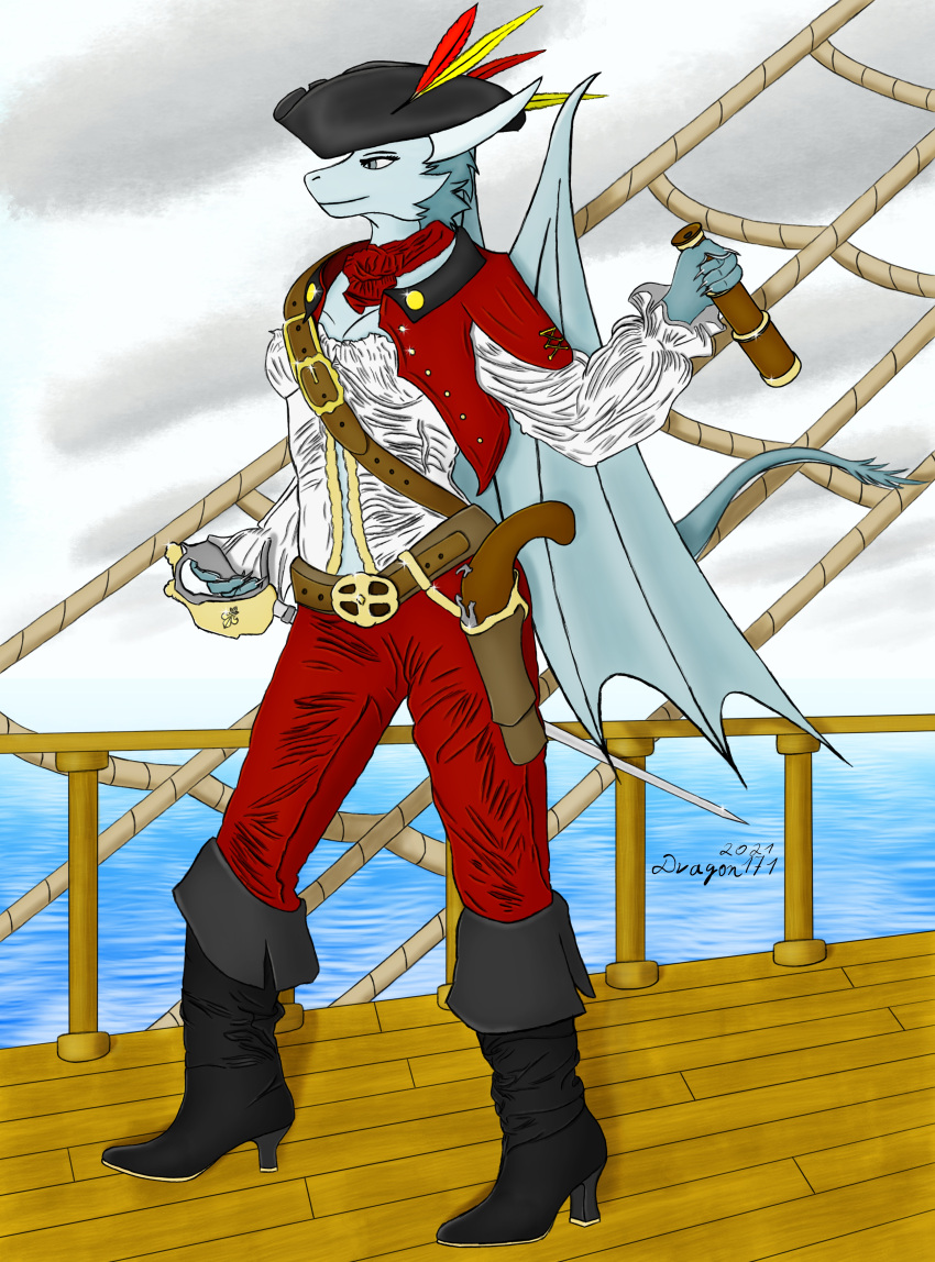 absurd_res anthro cloud dragon dragon171 feathers female gun hi_res melee_weapon pirate ranged_weapon rope sea ship solo spyglass sword vehicle water watercraft weapon