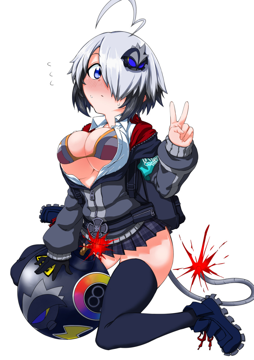 1girl ahoge armband bikini bikini_top_only black_gloves black_legwear black_skirt blue_eyes blue_footwear blush bomb bombergirl breasts cleavage closed_mouth collared_shirt flying_sweatdrops fuse fuse_tail gloves gray_(bombergirl) grey_hair grey_jacket grey_tail hair_ornament hair_over_one_eye hand_up highres huge_ahoge jacket lit_fuse long_sleeves medium_breasts microskirt multicolored_hair nose_blush pansy_orchid partially_unbuttoned partially_unzipped plaid plaid_skirt pleated_skirt shirt short_hair silver_hair simple_background single_glove skirt solo swimsuit thighhighs two-tone_hair unbuttoned unbuttoned_shirt underboob v white_background white_shirt zettai_ryouiki zipper zipper_pull_tab