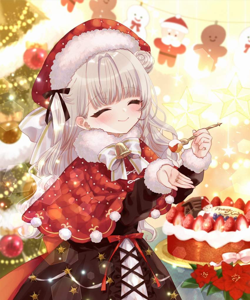 1girl bell blush cake cape christmas christmas_tree closed_eyes dress food hat highres indie_virtual_youtuber long_hair long_sleeves merry_christmas pale_skin purple_hair santa_costume santa_hat tsukimiya_selene virtual_youtuber yutsuka_(amyucca)