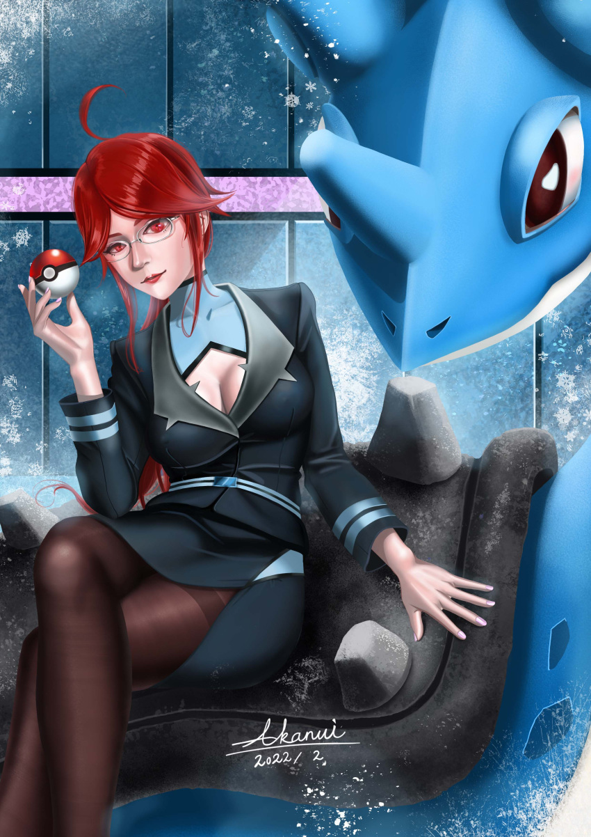 1girl absurdres ahoge akanui ball black_legwear business_suit crossed_legs fine_fabric_emphasis formal glasses highres holding holding_ball holding_poke_ball lapras legs lips lipstick looking_at_viewer lorelei_(pokemon) makeup pantyhose poke_ball poke_ball_(basic) pokemon pokemon_(creature) pokemon_(game) pokemon_lgpe red_eyes red_hair sitting skirt solo suit thighband_pantyhose