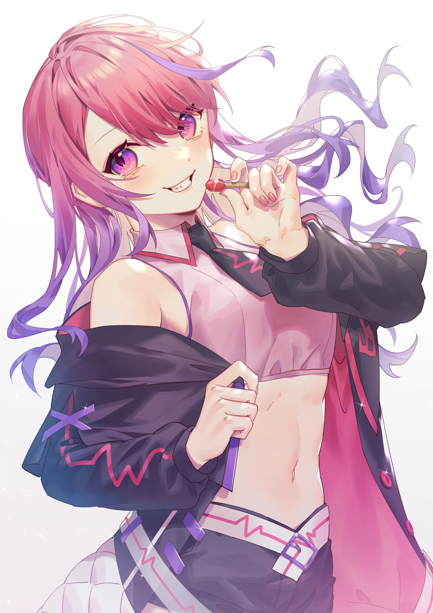 1girl crop_top highres indie_virtual_youtuber long_hair looking_at_viewer matches matchstick midriff multicolored_hair nail_polish navel pale_skin pink_hair purple_eyes purple_hair smile solo tsmatch virtual_youtuber wenz