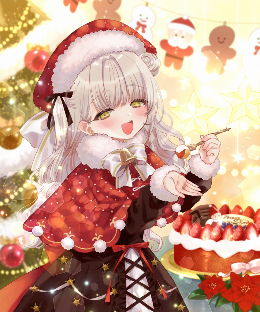 1girl bell cake cape christmas christmas_tree dress food hat highres indie_virtual_youtuber long_hair long_sleeves looking_at_viewer merry_christmas pale_skin purple_hair santa_costume santa_hat tsukimiya_selene virtual_youtuber yellow_eyes yutsuka_(amyucca)