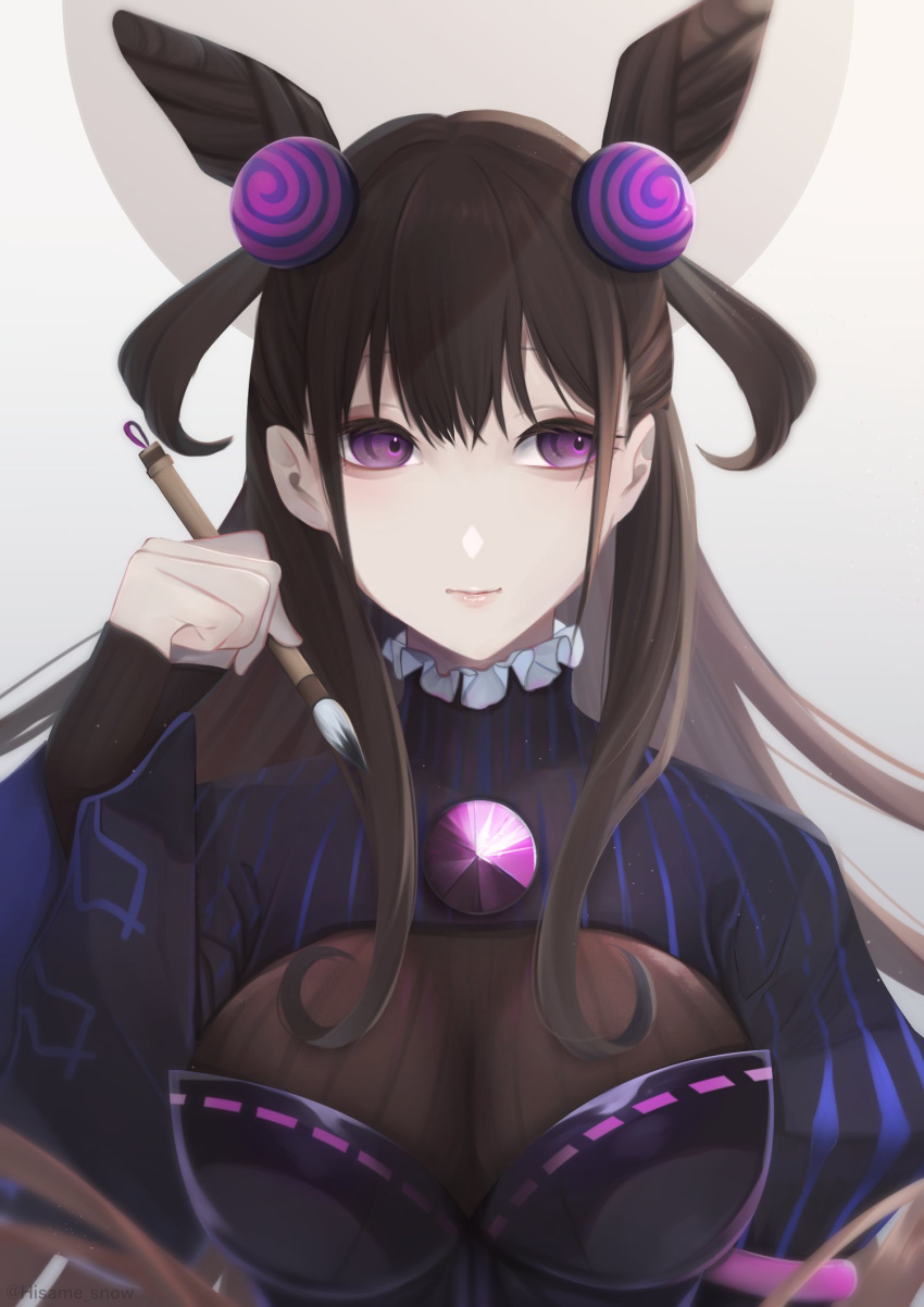 1girl amethyst_(gemstone) bangs black_dress black_gloves black_hair breasts calligraphy_brush closed_mouth commentary double_bun dress fate/grand_order fate_(series) gloves grey_background hair_cones hair_ornament half_gloves hand_up highres hisame_snow holding holding_paintbrush juliet_sleeves large_breasts lips long_hair long_sleeves looking_to_the_side murasaki_shikibu_(fate) paintbrush puffy_sleeves purple_eyes sidelocks solo tied_hair turtleneck twitter_username two_side_up upper_body