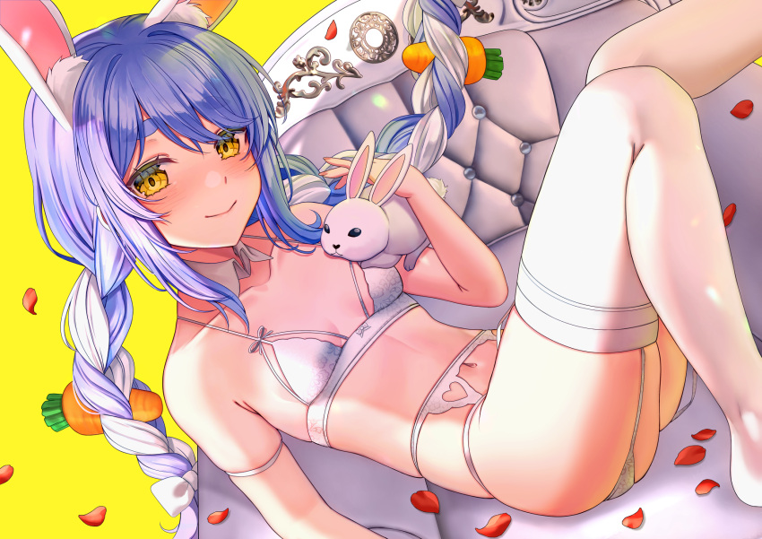 1girl :&gt; animal_ear_fluff animal_ears armband ass bangs bare_shoulders blue_hair blush bra braid breasts bunny carrot_hair_ornament closed_mouth collarbone couch detached_collar eyebrows_visible_through_hair feet_out_of_frame floating_hair food-themed_hair_ornament garter_belt hair_ornament hand_up highres hololive leg_up light_smile linea_alba long_hair looking_at_viewer multicolored_hair nail_polish navel pink_nails rabbit_ears saruei silver_hair simple_background sitting small_breasts solo thighhighs twin_braids twintails two-tone_hair underwear usada usada_pekora white_legwear wing_collar yellow_background yellow_eyes