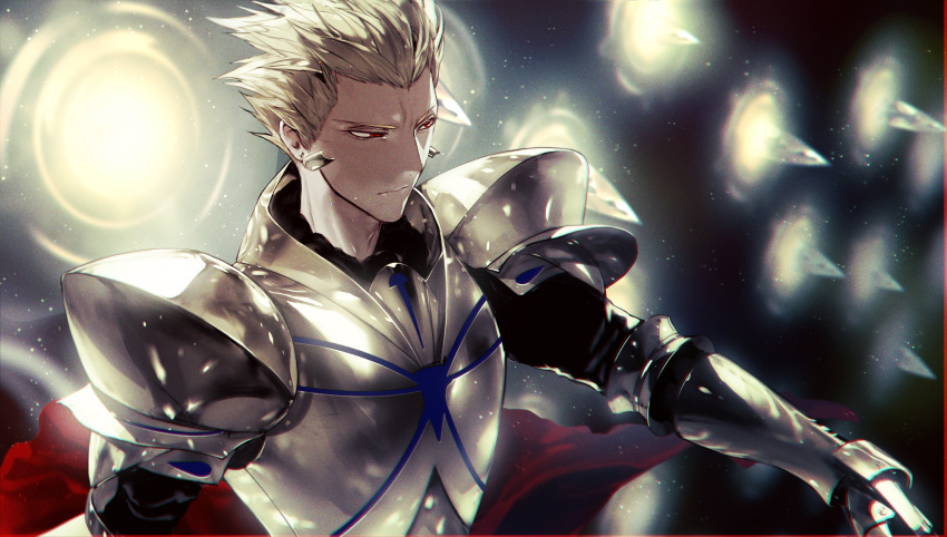 1boy armor blonde_hair closed_mouth commentary_request earrings fate/grand_order fate/prototype fate/stay_night fate/zero fate_(series) gate_of_babylon_(fate) gilgamesh_(fate) highres jewelry male_focus red_eyes semi_(p-poco) short_hair solo spiked_hair