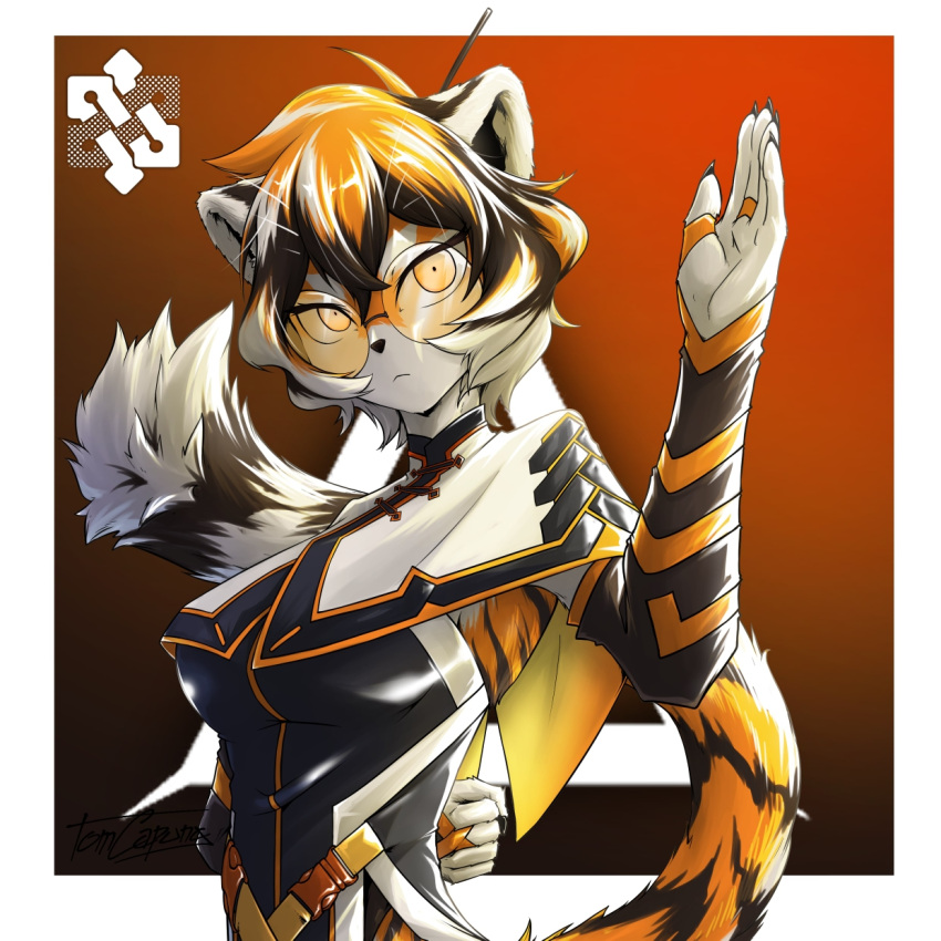 2021 anthro arknights black_body black_nose breasts capung clothed clothing eyewear felid female fighting_pose fur glasses hair half-length_portrait hand_behind_back hi_res hypergryph mammal multicolored_body multicolored_fur multicolored_hair orange_body orange_fur orange_hair pantherine portrait pose solo studio_montagne tiger video_games waaifu_(arknights) white_body white_fur white_hair