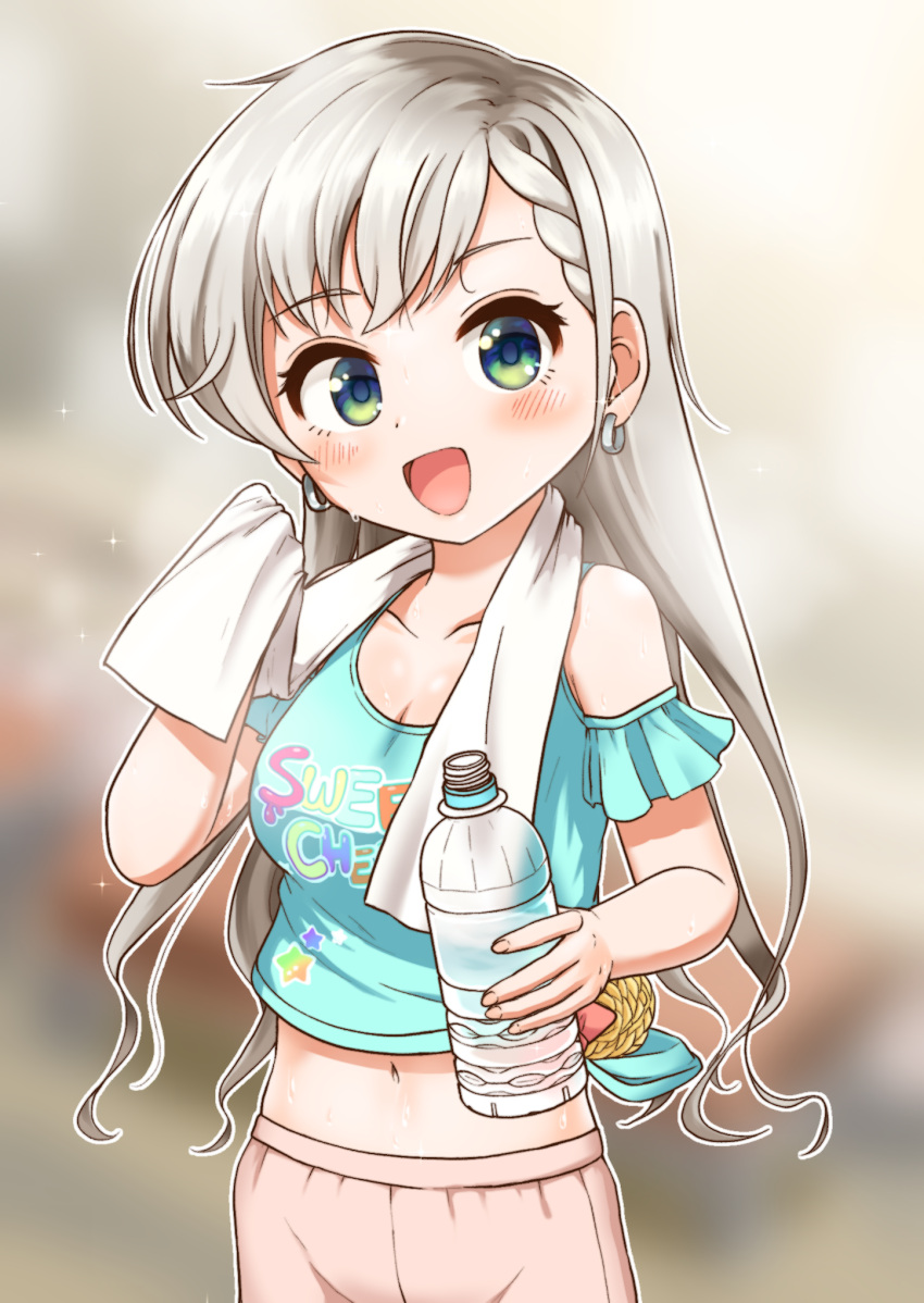 1girl :d bangs bare_shoulders blue_shirt blurry blurry_background blush bottle braid braided_bangs breasts cleavage clothes_writing collarbone commentary_request crop_top depth_of_field eating eyebrows_visible_through_hair green_eyes grey_hair highres hisakawa_hayate holding holding_bottle holding_towel idolmaster idolmaster_cinderella_girls long_hair looking_at_viewer medium_breasts midriff navel pants pink_pants shirt side-tie_shirt smile solo towel towel_around_neck unadon_(unadoom) very_long_hair water_bottle