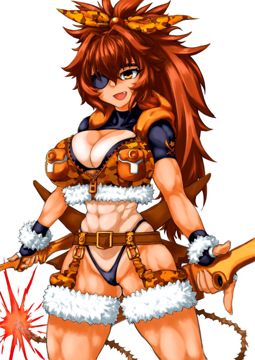 1girl abs bangs belt bikini black_bikini black_eyepatch black_gloves bombergirl breasts brown_belt brown_hair brown_tail camouflage camouflage_ribbon cleavage covered_collarbone dual_wielding eyepatch fang fingerless_gloves fingernails fur_trim fuse fuse_tail gloves groin hair_between_eyes hair_intakes hair_ribbon highleg highleg_bikini highres holding holding_sword holding_weapon large_breasts legs_apart lit_fuse long_hair messy_hair muscular muscular_female one-piece_tan open_mouth orange_eyes oren_(bombergirl) pansy_orchid ponytail ribbon sheath short_sleeves simple_background solo swimsuit sword tail tan tanlines unzipped weapon white_background zipper zipper_pull_tab
