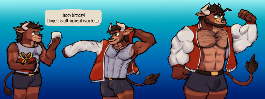absurd_res big_muscles bovid bovine brute brutification cattle cenies clothing dumb growth hi_res himbo himbofication huge_muscles hyper hyper_muscles intelligence_loss jacket letterman_jacket mammal muscle_growth muscular sequence topwear transformation