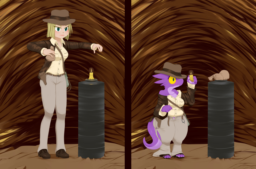 2021 absurd_res anthro before_and_after blonde_hair bottomwear breasts candle clothing duo female footwear growth hair hat headgear headwear hi_res holding_candle holding_object human human_to_anthro jacket kobold mammal mentalcrash pants purple_body shoes short_stack shrinking size_transformation solo species_transformation standing tail_growth topwear transformation wide_hips yellow_sclera