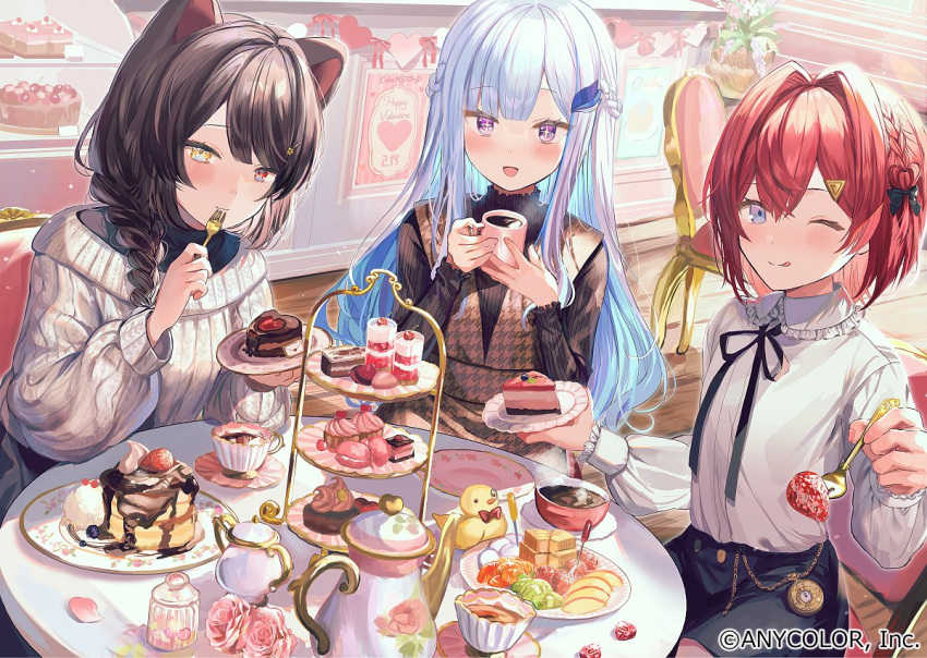 3girls :d ;q ange_katrina bangs black_hair blue_eyes blue_hair blush braid brown_hair brown_sweater brown_vest cake cake_slice commentary_request cup eating eyebrows_visible_through_hair food fork fruit hair_intakes heterochromia holding holding_cup holding_fork holding_plate inui_toko lize_helesta long_hair long_sleeves multiple_girls nijisanji official_art on_chair one_eye_closed plate pocket_watch purple_eyes red_eyes red_hair sebastian_piyodore short_hair simple_background sitting smile strawberry sweater table teapot tiered_tray tongue tongue_out vest watch white_sweater y_o_u_k_a yellow_eyes