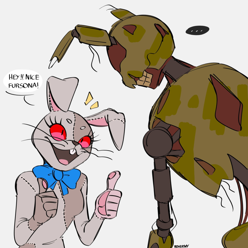 ... anthro burntrap_(fnaf) cybernetics cyborg duo female five_nights_at_freddy's gesture hi_res human lagomorph leporid machine male mammal rabbit red_eyes roserivy scottgames speech_bubble text thumbs_up undead vanny_(fnaf) video_games