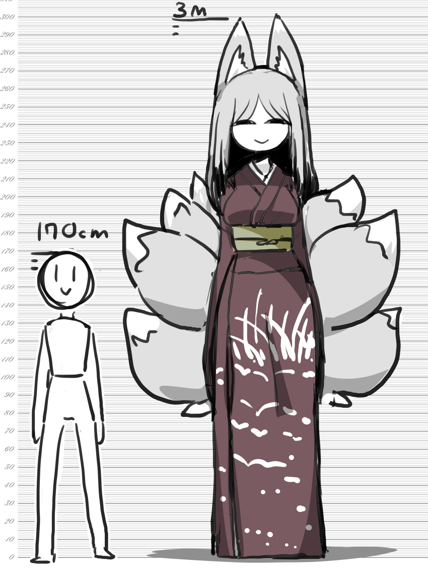 9_tails absurd_res animal_humanoid asian_clothing breasts canid canid_humanoid canine canine_humanoid chart clothed clothing dipstick_tail duo east_asian_clothing female fox_humanoid hair height_chart hi_res human humanoid inner_ear_fluff japanese_clothing kimono larger_female long_hair male mammal mammal_humanoid markings multi_tail shishamo_furai size_difference smaller_male smile tail_markings tuft white_hair yashiki_kitsune-san