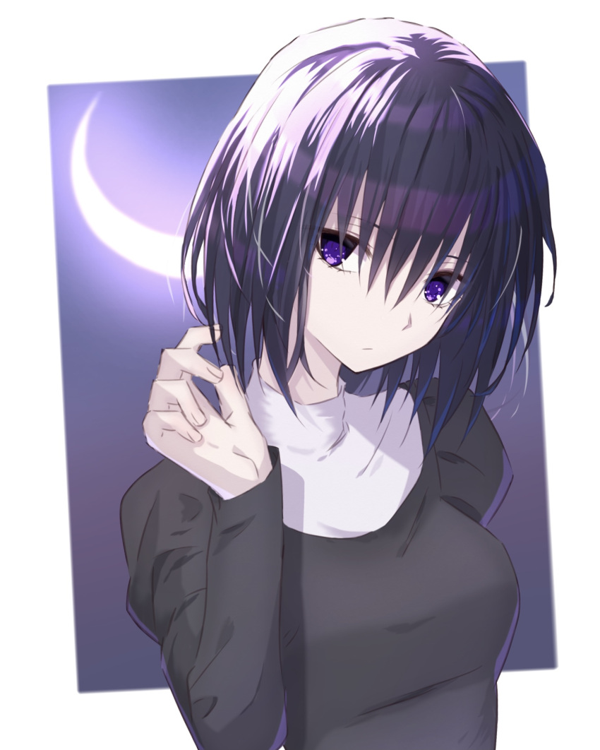 1girl bangs black_dress black_hair border breasts closed_mouth commentary_request crescent_moon dande_cat dress expressionless fingernails highres juliet_sleeves kuonji_alice long_sleeves looking_at_viewer mahou_tsukai_no_yoru medium_breasts moon outside_border puffy_sleeves purple_eyes short_hair solo upper_body white_border