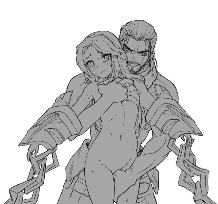 1boy 1girl between_legs blush breast_grab chain completely_nude crack crying deep_skin evil_grin evil_smile eyebrows_visible_through_hair eyes_visible_through_hair facial_hair gem grabbing greyscale grin hairband hand_between_legs hand_on_another's_chest highres league_of_legends long_hair looking_at_viewer lux_(league_of_legends) monochrome navel netorare nude parted_lips simple_background sketch smile suk180 sweat sylas tears topless_male white_background