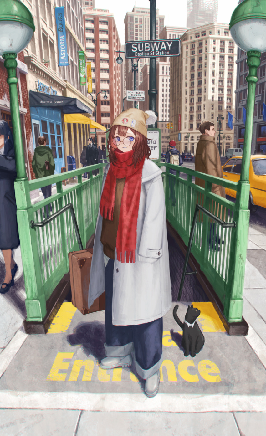 1girl bangs banner beanie black_cat blue_eyes boots brown_hair brown_sweater building car case cat choker city coat commentary denim full_body fuurin_sou glasses ground_vehicle hand_in_pocket hat highres holding_case jeans lamppost looking_at_viewer medium_hair motor_vehicle open_clothes open_coat original pants pants_rolled_up parted_lips red_scarf road round_eyewear scarf shirt sign skyscraper street subway_station sweater urban white_choker white_coat white_footwear white_shirt
