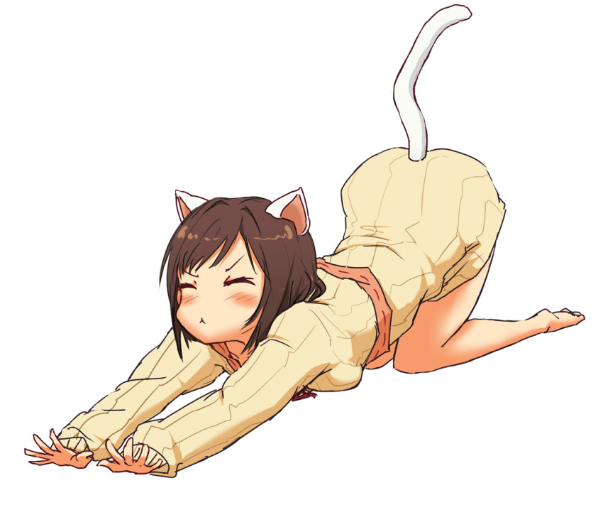 1girl :&lt; all_fours animal_ears bangs bare_legs barefoot brown_hair cat_ears cat_girl cat_tail closed_eyes closed_mouth commentary dress feet forehead full_body idolmaster idolmaster_cinderella_girls ito_(itokayu) light_blush long_sleeves maekawa_miku parted_bangs ribbed_sweater short_hair simple_background solo stretch sweater sweater_dress tail white_background