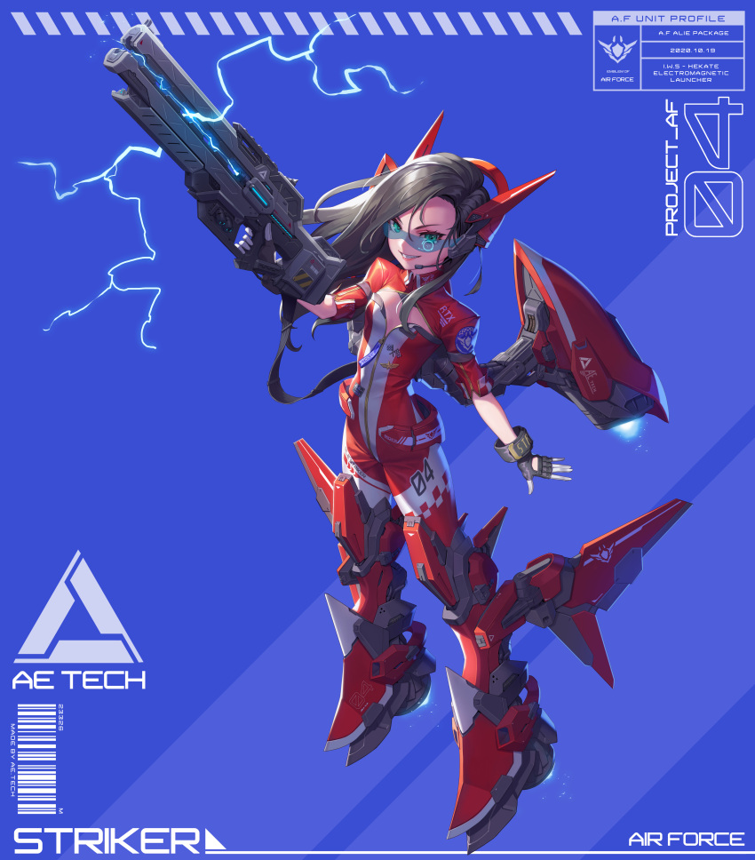 1girl a absurdres aqua_eyes assault_rifle black_gloves black_hair blue_background bodysuit cleavage_cutout clothing_cutout dkxlek fingerless_gloves full_body glasses gloves gun highres holding holding_weapon lightning long_hair looking_at_viewer original red_bodysuit rifle robot_ears simple_background smile solo teeth weapon