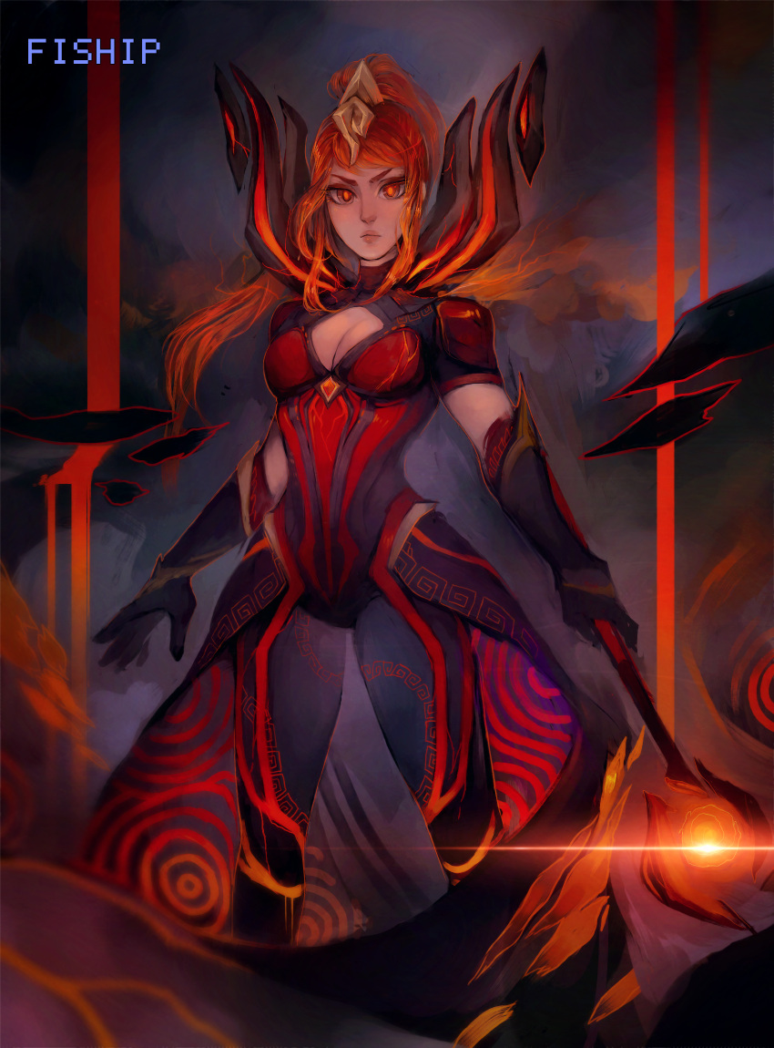 1girl artist_name breasts cape cleavage closed_mouth dress gloves highres holding holding_staff league_of_legends looking_at_viewer lux_(league_of_legends) matilda_fiship medium_breasts ponytail red_eyes red_hair solo staff standing