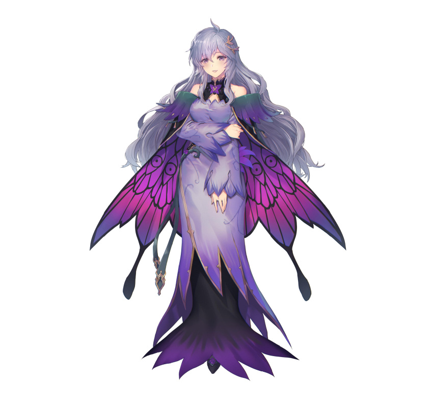 1girl absurdres alternate_costume bangs bare_shoulders breasts cape deirdre_(fire_emblem) detached_collar dress fire_emblem fire_emblem:_genealogy_of_the_holy_war fire_emblem_heroes full_body gradient gradient_clothes hair_ornament highres long_dress medium_breasts official_art oukawa_yuu purple_dress purple_eyes purple_hair shiny shiny_hair simple_background white_background