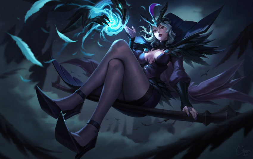 1girl ankle_strap black_footwear black_legwear black_skirt breasts bridal_gauntlets cape center_opening citemer cleavage feather_trim feathers forehead_jewel full_body glowing green_hair hand_up high_heels highres knees_together_feet_apart league_of_legends leblanc_(league_of_legends) looking_at_viewer looking_down makeup mascara mixed-language_commentary official_alternate_costume outdoors pantyhose parted_lips puffy_sleeves ravenborn_leblanc red_eyes red_lips sitting skirt solo staff thighs