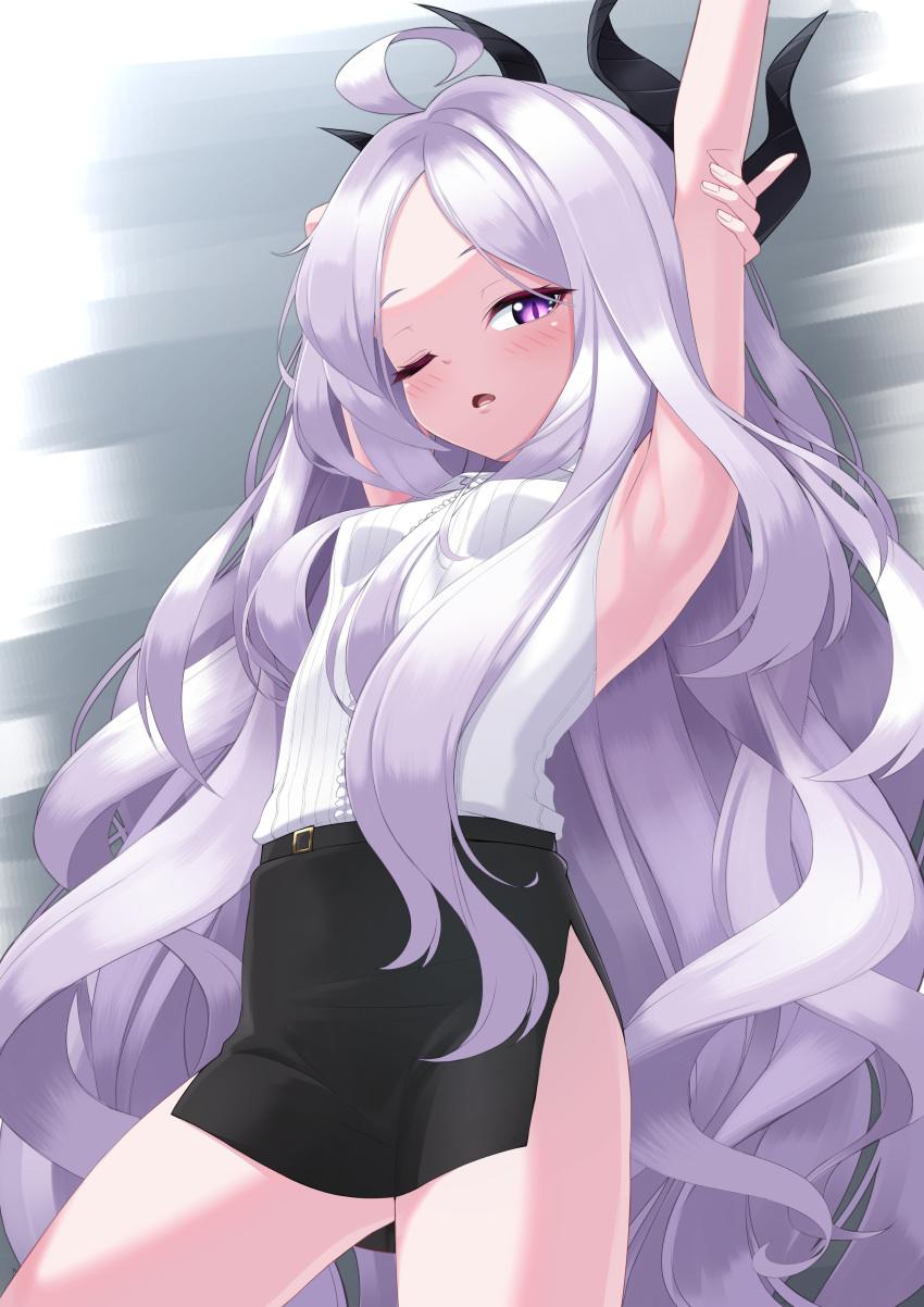 1girl absurdres armpits arms_up belt blue_archive blush breasts commentary_request highres hina_(blue_archive) horns kido_airaku looking_at_viewer one_eye_closed open_mouth silver_hair simple_background sleeveless small_breasts solo white_background