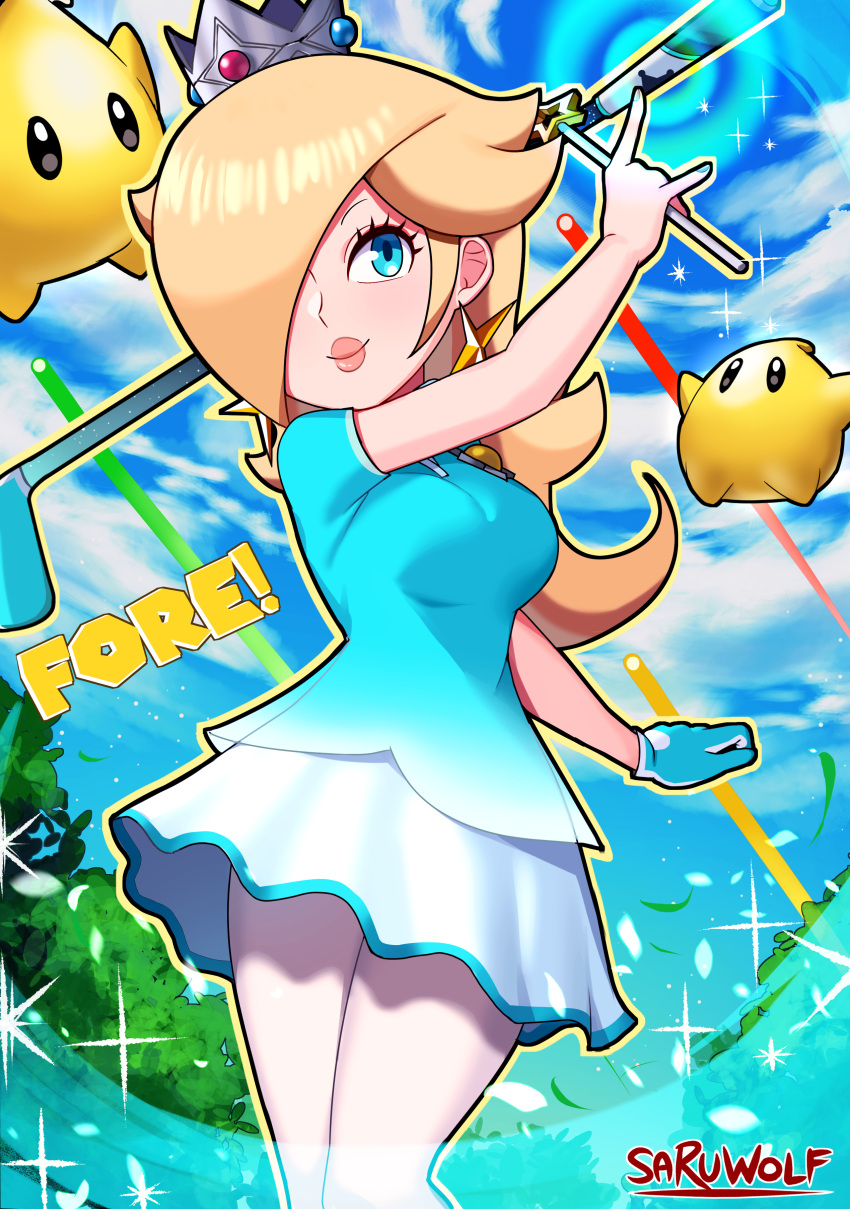 1girl absurdres blonde_hair blue_gloves blue_shirt breasts crown earrings gloves gradient_shirt hair_over_one_eye highres jewelry large_breasts long_hair luma_(mario) mario_(series) mario_golf medium_breasts miniskirt pantyhose rosalina sarukaiwolf shirt short_hair short_sleeves single_glove skirt smile star_(symbol) star_earrings super_mario_galaxy white_legwear white_shirt white_skirt