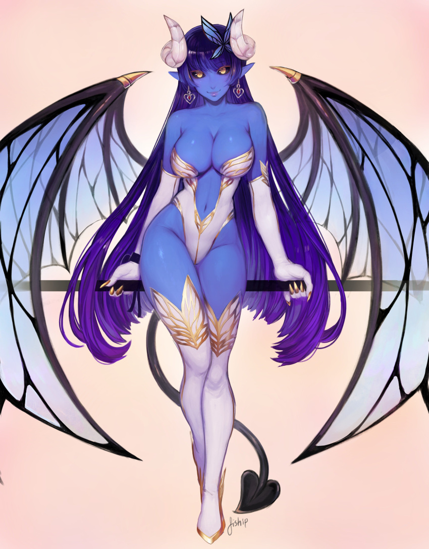 1girl absurdres bare_shoulders black_sclera blue_skin breasts butterfly_hair_ornament cleavage closed_mouth colored_sclera colored_skin commission curled_horns demon_girl demon_horns demon_tail demon_wings earrings elbow_gloves eyebrows_visible_through_hair fingernails full_body gloves gold_nails hair_ornament heart heart_earrings highres horns jewelry large_breasts leotard long_fingernails long_hair looking_at_viewer matilda_fiship navel original pink_background pointy_ears purple_hair sharp_fingernails simple_background smile solo standing tail thighhighs very_long_hair white_gloves white_legwear white_leotard wings yellow_eyes