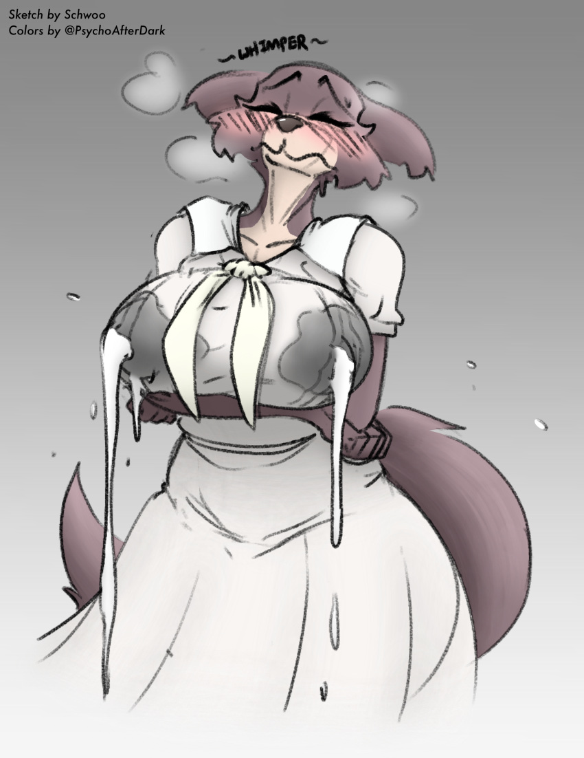 absurd_res anthro beastars big_breasts blush bodily_fluids breasts brown_body brown_fur canid canine canis clothed clothing digital_media_(artwork) eyes_closed female fur hi_res huge_breasts juno_(beastars) lactating lactating_through_clothing mammal milk necktie nervous psychoticwalrus school_uniform schwoo simple_background solo uniform wet wet_clothing wolf