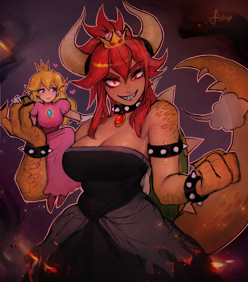 2girls =3 absurdres alternate_color armlet artist_name bare_shoulders black_dress black_nails blonde_hair blue_eyes bowsette bracelet breasts brooch carrying claws cleavage clenched_hand collar crown dark-skinned_female dark_skin dress earrings embers evil_smile eyebrows_visible_through_hair eyelashes fangs fewer_digits fire giant giantess gloves glowing glowing_eyes grin hair_between_eyes hand_on_another's_shoulder heart highres horns jewelry large_breasts long_hair looking_at_viewer mario_(series) matilda_fiship mini_crown monster_girl multiple_girls nail_polish new_super_mario_bros._u_deluxe outline pink_dress pink_outline ponytail princess_peach puffy_short_sleeves puffy_sleeves red_eyes red_hair scales sharp_teeth short_sleeves simple_background sitting sitting_on_arm smile spiked_armlet spiked_bracelet spiked_collar spiked_shell spiked_tail spikes strapless strapless_dress super_crown sweat tail teeth thick_eyebrows turtle_shell uneven_eyes upper_body v-shaped_eyebrows white_gloves yuri