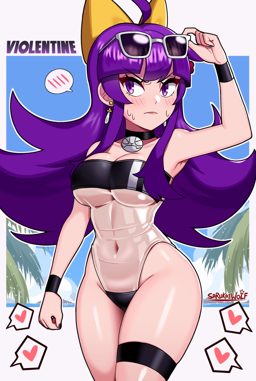 1girl absurdres ahoge black_choker black_swimsuit breasts casual_one-piece_swimsuit choker covered_navel earrings eyewear_on_head gris_swimsuit heart highleg highleg_swimsuit highres jewelry large_breasts long_hair meme_attire off-shoulder_one-piece_swimsuit off_shoulder one-piece_swimsuit original purple_eyes purple_hair sarukaiwolf see-through see-through_swimsuit solo speech_bubble spoken_blush spoken_heart standing strapless strapless_swimsuit sunglasses swimsuit thigh_strap violentine_(sarukaiwolf)