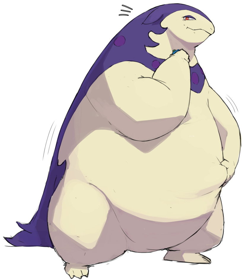 ambiguous_gender anthro belly big_belly feral fur hair hand_on_stomach hi_res hisuian_typhlosion morbidly_obese nintendo obese overweight pok&eacute;mon pok&eacute;mon_(species) purple_body purple_fur purple_hair regional_form_(pok&eacute;mon) solo video_games yellow_belly yellow_body yellow_fur zephy_03