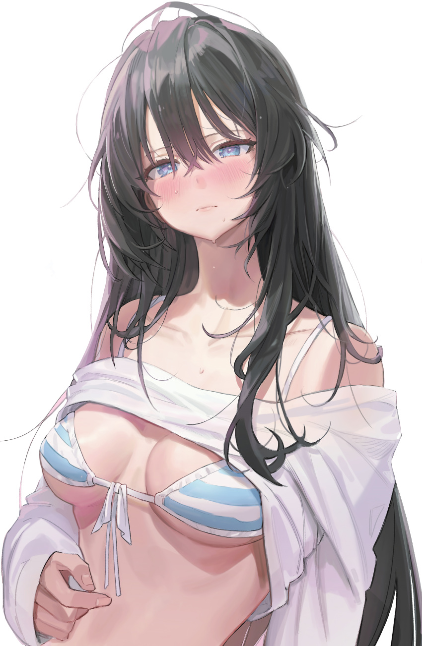 1girl absurdres bangs bikini black_hair blue_eyes blush breasts breasts_apart closed_mouth clothes_pull collarbone eyebrows_visible_through_hair freng front-tie_bikini front-tie_top hair_between_eyes highres lips long_hair long_neck long_sleeves looking_at_viewer medium_breasts messy_hair off-shoulder_shirt off_shoulder original shirt shirt_pull simple_background solo striped striped_bikini sweat swimsuit upper_body very_long_hair white_background white_shirt