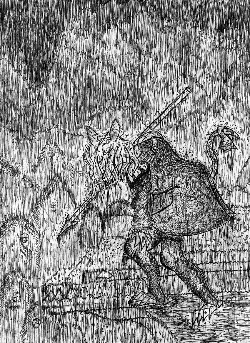 absurd_res anthro black_and_white burmecia burmecian city city_background claws dragon_knight female final_fantasy final_fantasy_ix freya_crescent hi_res humanoid invalid_tag janet_k_wallace javelin mammal monochrome murid murine pen perspective raining rat rodent solo square_enix traditional_media_(artwork) video_games