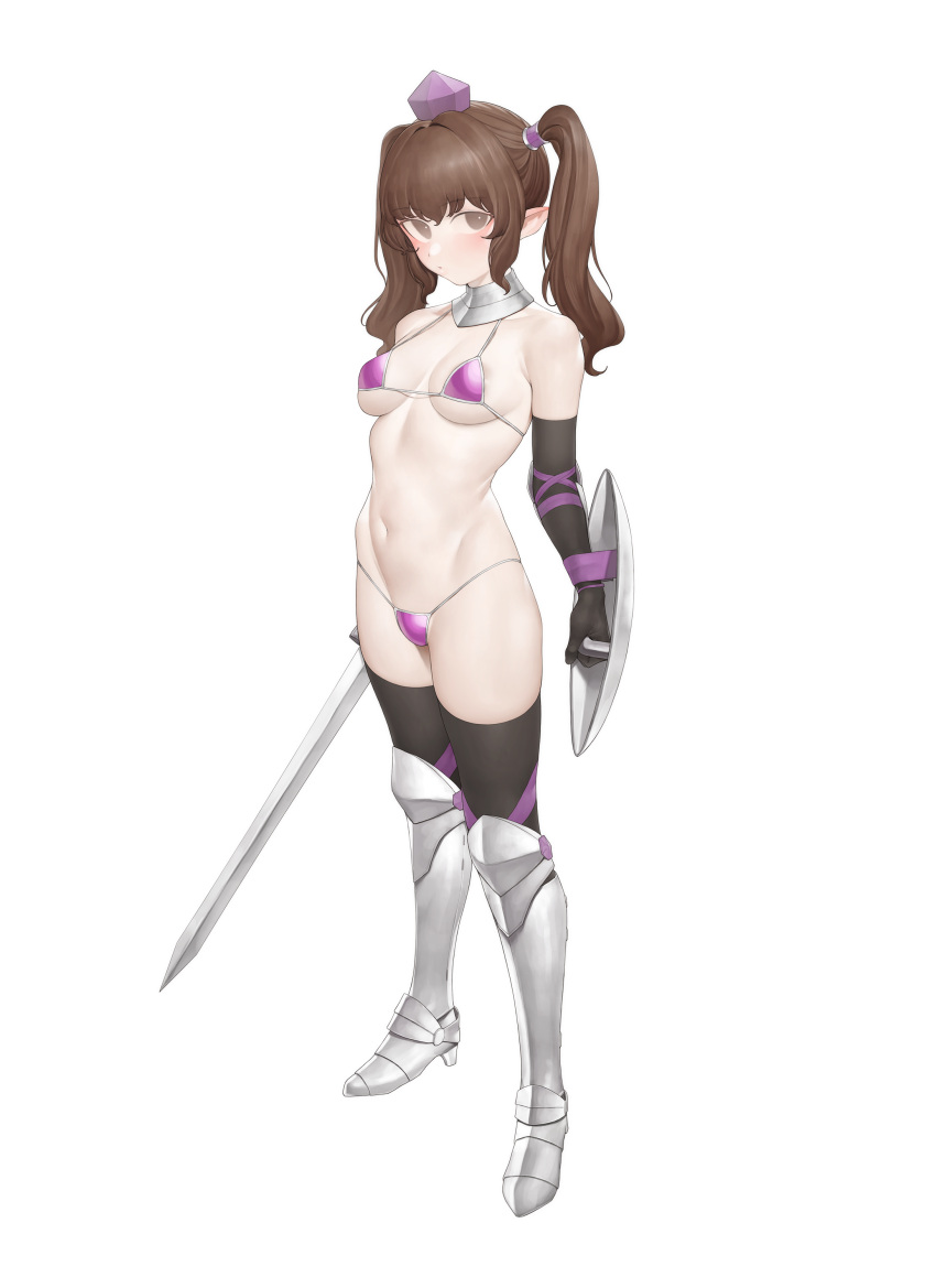 1girl absurdres alternate_costume areola_slip areolae arm_shield armor armored_boots armpit_crease bangs bare_shoulders bikini bikini_armor black_gloves black_legwear boots breasts brown_eyes brown_hair collar collarbone elbow_gloves expressionless eyebrows_visible_through_hair from_side full_body gloves groin groin_tendon hair_intakes hat highres himekaidou_hatate holding holding_sword holding_weapon knee_boots long_hair looking_at_viewer looking_to_the_side medium_breasts metal_collar micro_bikini navel ni_(221) pale_skin parted_lips partially_visible_vulva pointy_ears purple_bikini purple_headwear shield silver_trim simple_background solo standing stomach string_bikini swimsuit sword tachi-e thighhighs tokin_hat touhou twintails wavy_hair weapon white_background