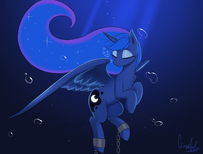 absurd_res blue_body blue_fur blue_mane bubble ccruelangel cutie_mark depression eyes_closed feathered_wings feathers female friendship_is_magic fur hasbro hi_res horn mane my_little_pony princess_luna_(mlp) signature solo underwater water wings