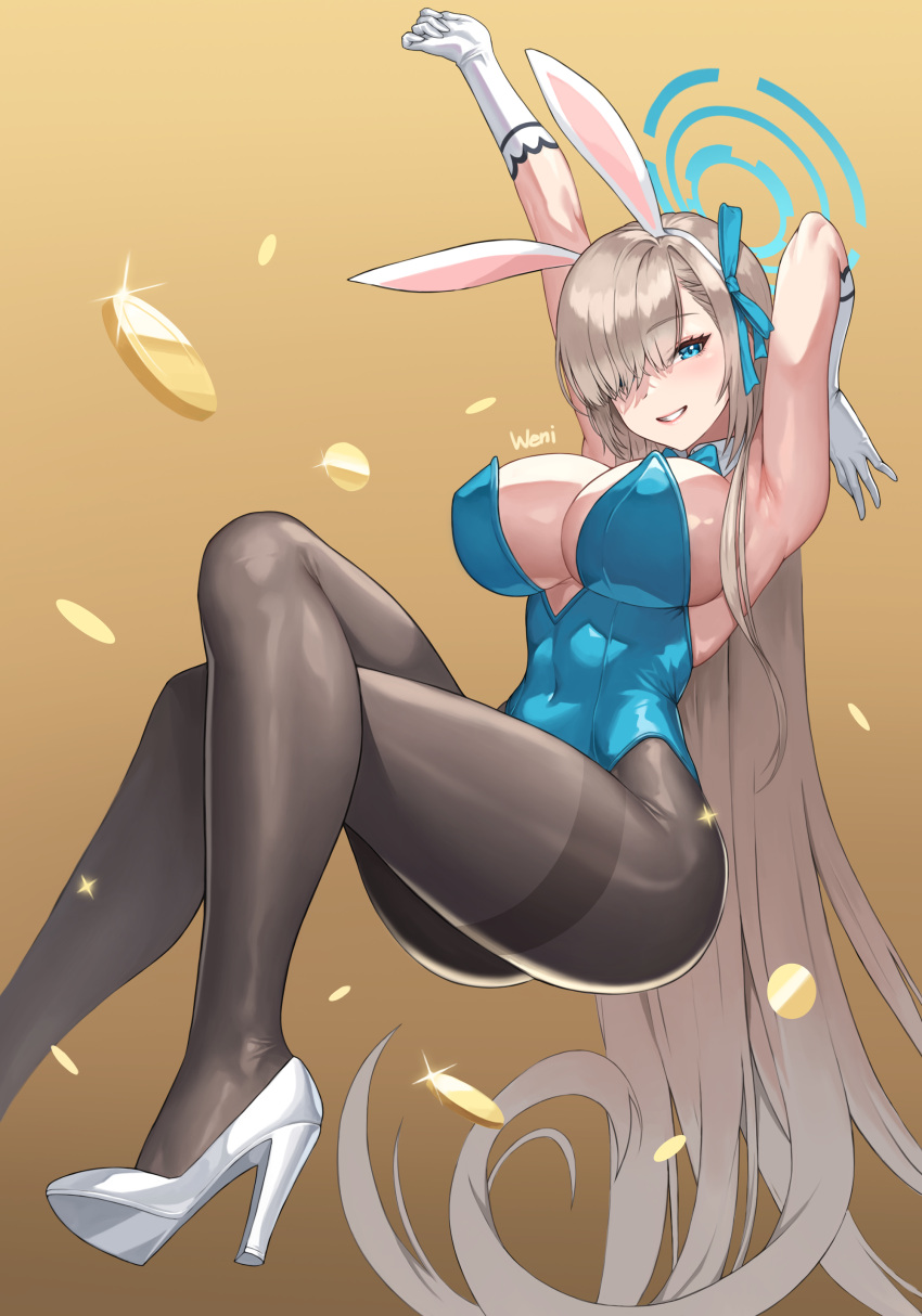 1girl absurdres animal_ears armpits asuna_(blue_archive) blue_archive blue_leotard blue_ribbon breasts brown_legwear coin commentary covered_navel crossed_legs fake_animal_ears glint gloves gold_coin grey_hair grin hair_over_one_eye hair_ribbon hairband halo hands_up high_heels highleg highleg_leotard highres invisible_chair karmiel large_breasts leotard long_hair looking_at_viewer one_eye_covered pantyhose rabbit_ears ribbon shoes sitting smile solo strapless strapless_leotard thighband_pantyhose very_long_hair white_footwear white_gloves white_hairband