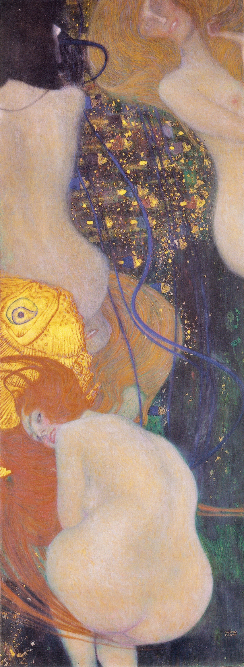 abstract_background absurd_res art_nouveau black_hair blue_eyes breasts butt cyprinid cypriniform female feral fish floating goldfish group gustav_klimt hair hi_res human looking_at_viewer mammal marine nipples nude presenting presenting_hindquarters red_hair smile