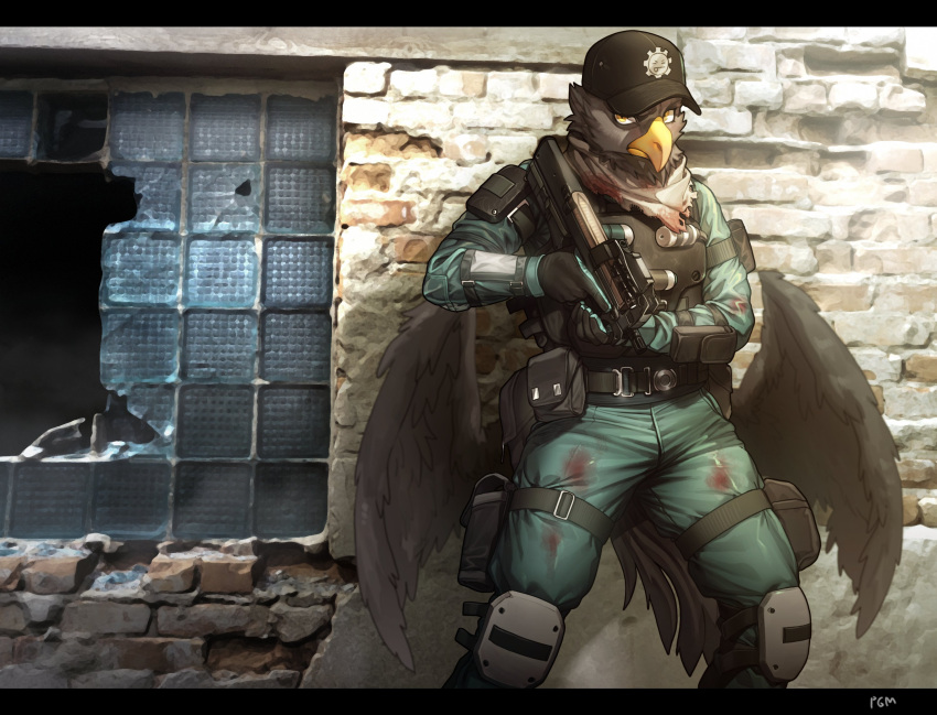 2022 anthro avian beak clothed clothing feathered_wings feathers gun hat headgear headwear hi_res male military p90 pgm300 photo_background pouches ranged_weapon solo submachine_gun tactical_gear weapon wings yellow_beak