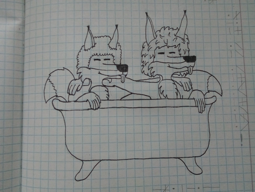 4:3 anthro bath bathing black_and_white canid canine duo eyes_closed fox friends hi_res jozefftech jozefftech_(jozefftech) line_art male mammal monochrome pen_(artwork) serdagonn_(jozefftech) tongue tongue_out traditional_media_(artwork)