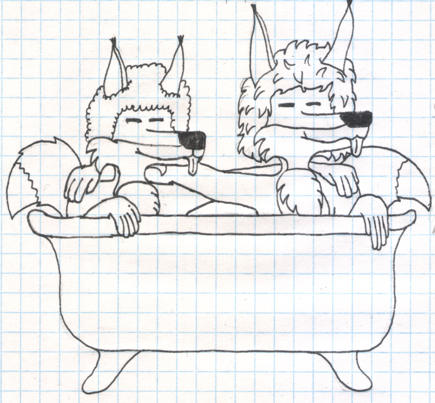 absurd_res anthro bath bathing canid canine canis duo eyes_closed fox friends happy hi_res jozefftech jozefftech_(jozefftech) male male/male mammal monochrome pen_(artwork) serdagonn_(jozefftech) simple_background tongue tongue_out traditional_media_(artwork)