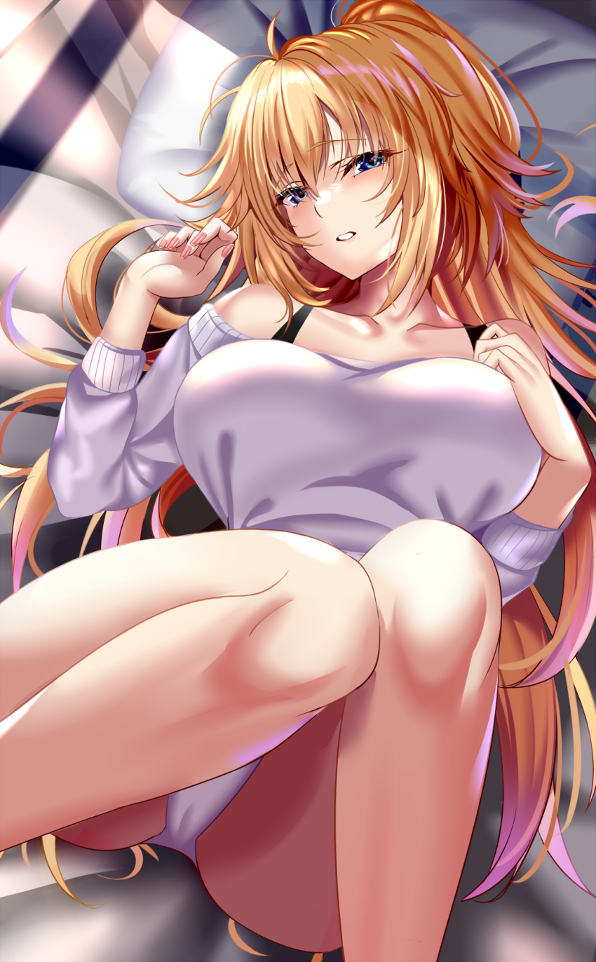 1girl bangs blonde_hair blue_eyes blush breasts fate/apocrypha fate_(series) highres jeanne_d'arc_(fate) jeanne_d'arc_(fate/apocrypha) kuro_(tbm9187) large_breasts long_hair looking_at_viewer off-shoulder_sweater off_shoulder sweater very_long_hair