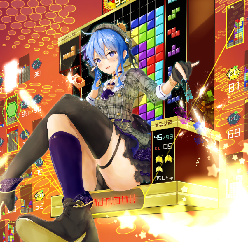 1girl absurdres apple_juice asymmetrical_legwear beret black_panties blue_eyes blue_hair blue_nails boots bracelet choker commentary_request crossed_legs crown fold-over_boots gloves grey_headwear hand_on_own_face hat highres hololive hoshimachi_suisei jacket jewelry juice_box medium_hair mugiusagi nail_polish open_mouth panties pantyshot partially_fingerless_gloves plaid plaid_headwear plaid_jacket plaid_skirt revision side_ponytail single_thighhigh sitting skirt solo star_(symbol) star_in_eye symbol_in_eye tetris thighhighs throne underwear uneven_legwear virtual_youtuber
