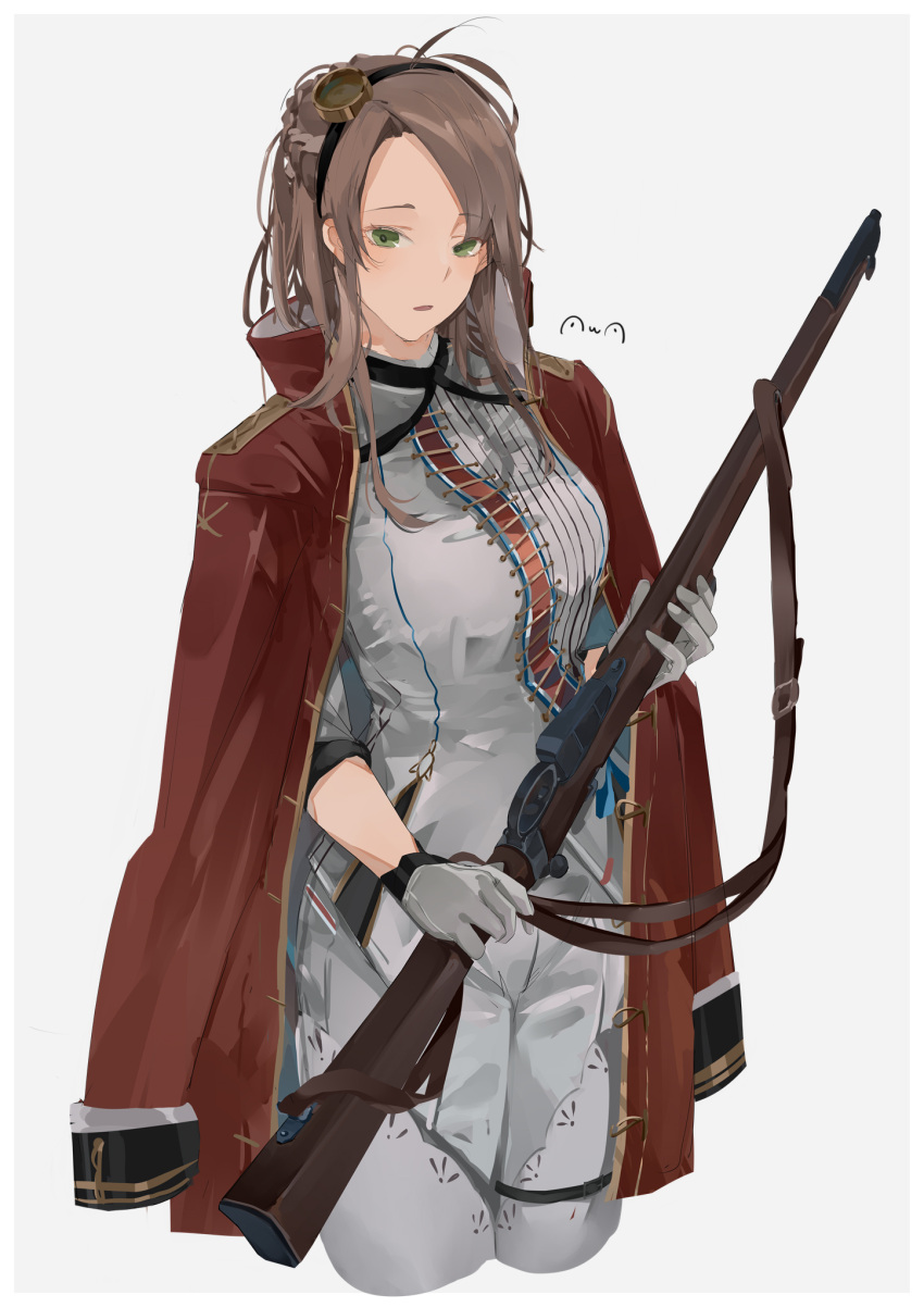 1girl artist_name bangs battle_rifle blush breasts commission eyebrows_visible_through_hair feet_out_of_frame girls'_frontline gloves green_eyes gun hairband highres holding holding_gun holding_weapon jacket jacket_on_shoulders lee-enfield lee-enfield_(girls'_frontline) light_brown_hair long_hair looking_at_viewer open_mouth red_jacket rifle skeb_commission solo standing sutekina_awa weapon white_background white_gloves white_uniform