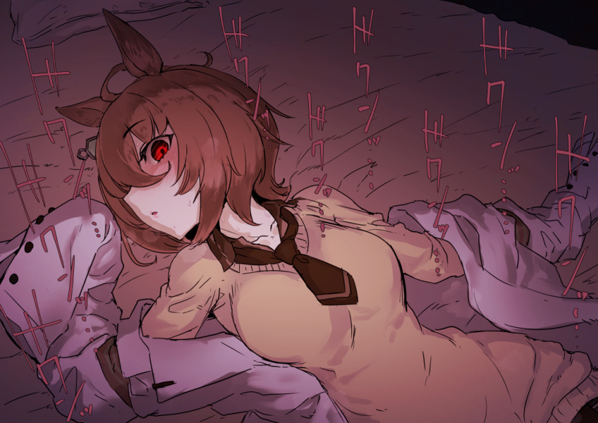 1girl agnes_tachyon_(umamusume) ahoge animal_ears blush brown_necktie brown_sweater hair_between_eyes horse_ears labcoat looking_at_viewer lying necktie on_back on_bed parted_lips red_eyes short_necktie sleeves_past_fingers sleeves_past_wrists solo solopipb sweater umamusume